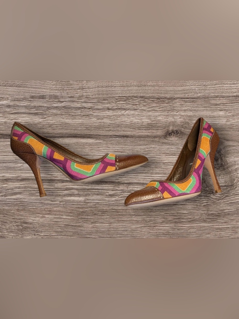 Vintage Prada Colorful Linen & Brown Ostrich Pumps